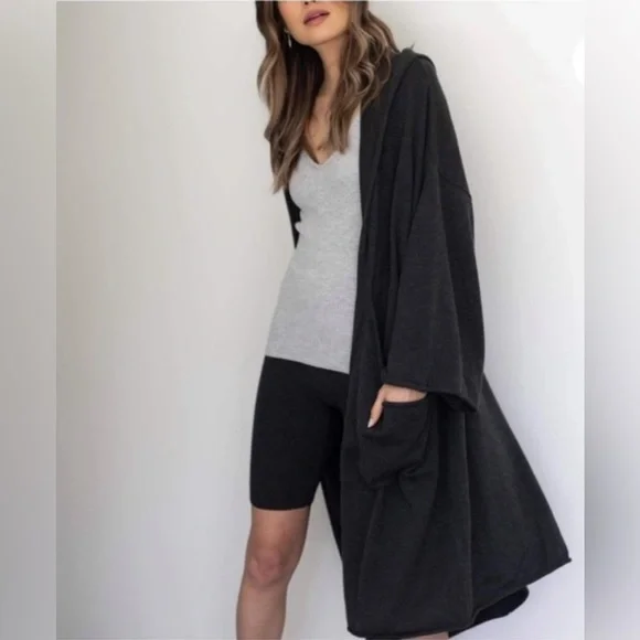 Lunya Cozy Cotton Silk Oversized Hooded Open Long Cardigan in Charcoal - Picture 2 of 13